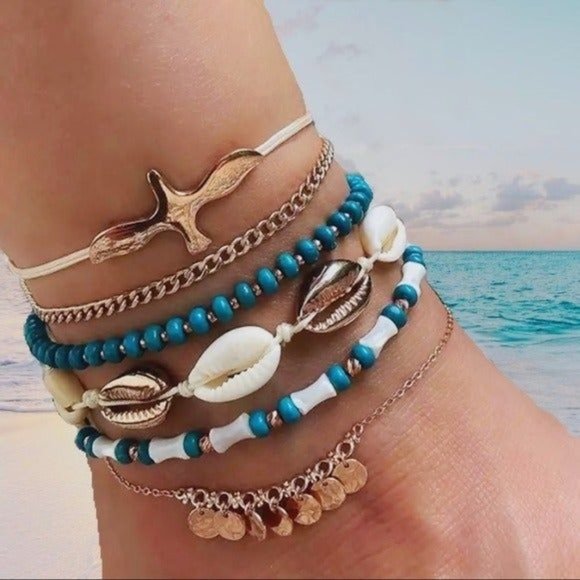Anthropologie Jewelry - 6 piece Anklet set bohemian seashell anklets shell cowrie bird beach